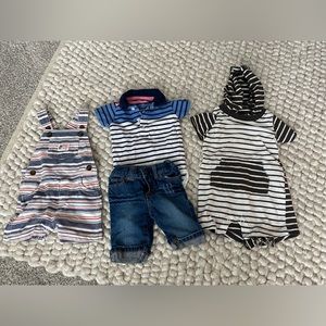 Carters 12m hooded onesie, 9m collar onesie, 9m overalls, koala kids 6/9m jeans